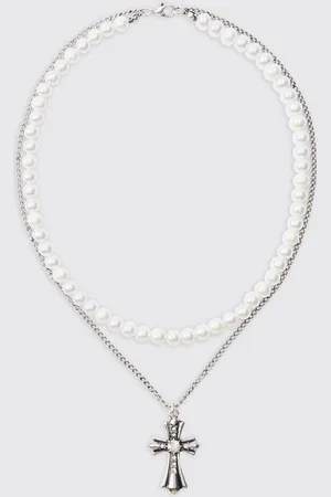 Boohoo Pearl & Chain Necklace With Cross Pendant In Silver - - One Size