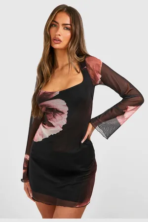 Boohoo Womens Floral Mesh Flare Sleeve Mini Dress - - 10