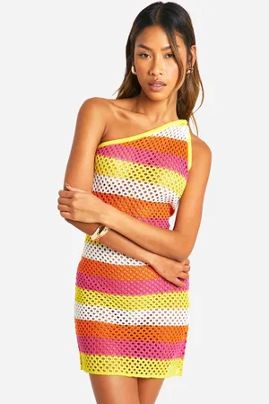 Boohoo Womens Stripe Twist One Shoulder Crochet Knitted Mini Dress - - M