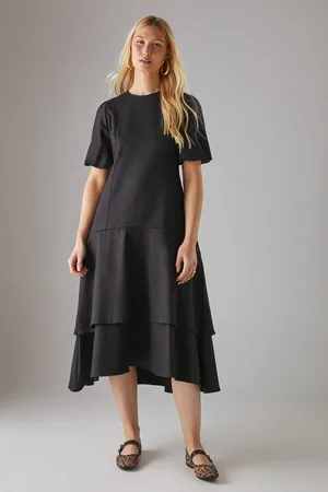 warehouse Womens Twill Puff Sleeve Ruffle Hem Midi Dress - - 10