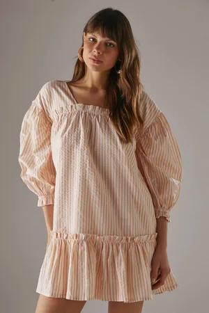 warehouse Womens Seersucker Check Frill Balloon Sleeve Mini Smock Dress - - 14