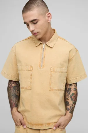 Boohoo Short Sleeve 1/4 Zip Tinted Denim Shirt - - M