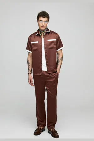 Boohoo Regular Short Sleeve Contrast Panel Satin Shirt & Straight Fit Trouser Set - - M