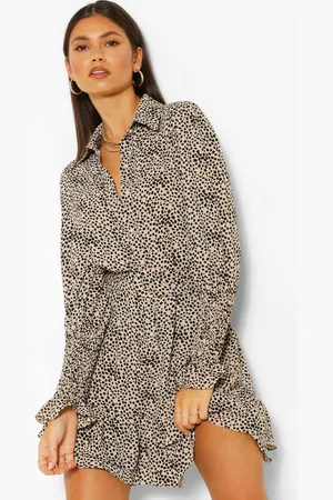 Boohoo Womens Spot Print Frill Hem Belted Shirt Dress - - 18