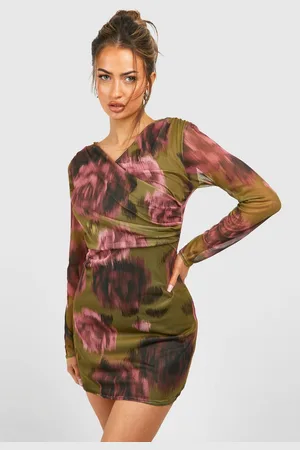 Boohoo Womens Mesh Cross Over Floral Ruched Mini Dress - - 12