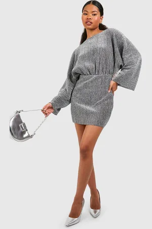Boohoo Womens Petite Glitter Plisse Batwing Mini Dress - - 12