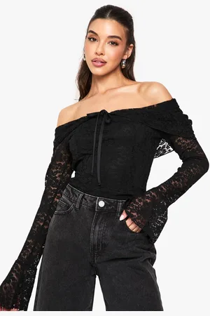 Boohoo Womens Lace Bardot Tie Detail Long Sleeve Top - - 14