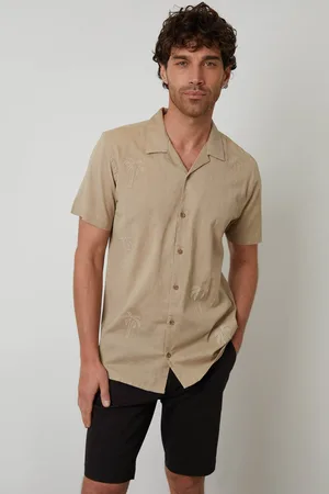 Threadbare Linen Blend Palm Embroidered Short Sleeve Shirt - - XXL