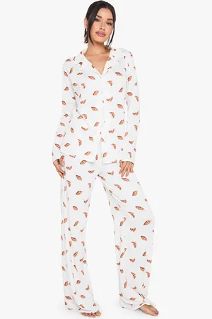 Boohoo Womens Tall Croissant Print Long Sleeve Shirt & Trousers Pyjama Set - - 12