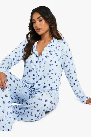 Boohoo Womens Petite Blueberry Print Long Sleeve Shirt & Trousers Pyjama Set - 16