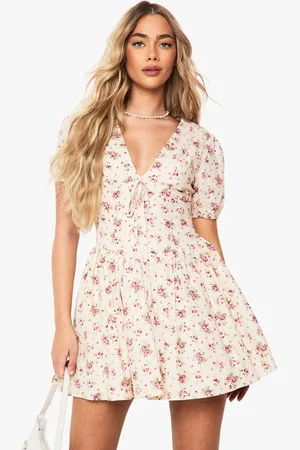 Boohoo Womens Ditsy Floral Puff Sleeve Milkmaid Mini Dress - - 16