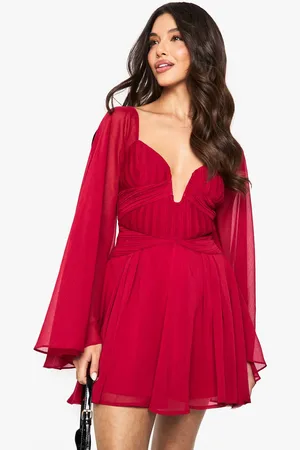Boohoo Womens Chiffon Pleated Long Sleeve Mini Dress - - 18