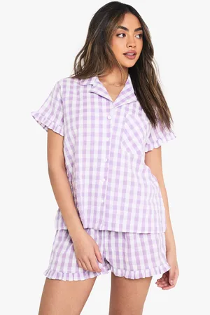 Boohoo Womens Gingham Seersucker Ruffle Detail Short Sleeve Shirt & Shorts Pyjama Set - - 14