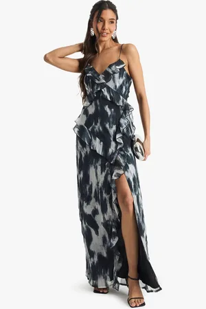 Boohoo Womens Abstract Crinkle Chiffon Ruffle Maxi Dress - - 18