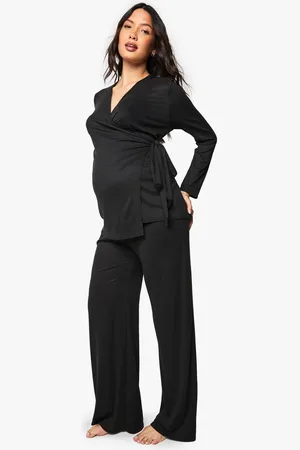 Boohoo Womens Maternity Brushed Rib Wrap Tie Top & Trouser Lounge Set - - 18