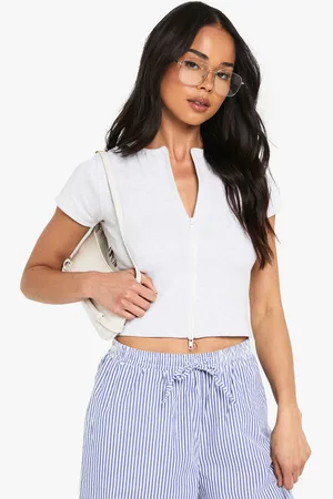 Boohoo Womens Rib Double Zip Through Short Sleeve Top - - 16