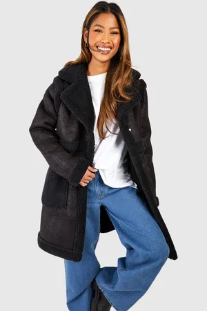 Boohoo Womens Teddy Trim Midi Suede Look Coat - - 12