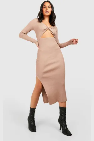 Boohoo Womens Knot Front Cut Out Detail Rib Knit Midi Dress - - M/L