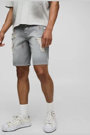 Boohoo Relaxed Ripped Paint Splatter Rigid Denim Shorts In - 36