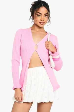 Boohoo Womens Soft Knit Lettuce Hem Button Cardigan - - M
