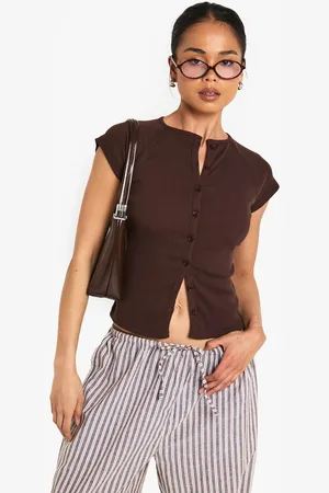 Boohoo Womens Rib Button Through Cap Sleeve Top - - 16