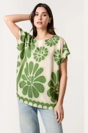 Blue Vanilla Womens Khaki Round Neck Floral Top - - L
