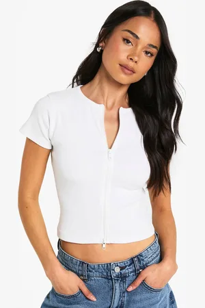Boohoo Womens Rib Double Zip Through Short Sleeve Top - - 16