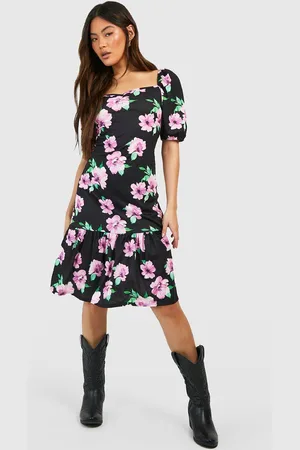 Boohoo Womens Puff Sleeve Floral Drop Hem Midi Dress - - 8