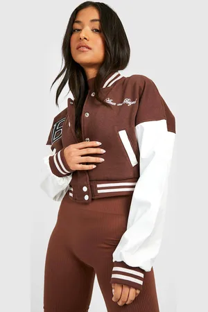 Boohoo Womens Petite Contrast Sleeve Badge Varsity Bomber - - 12