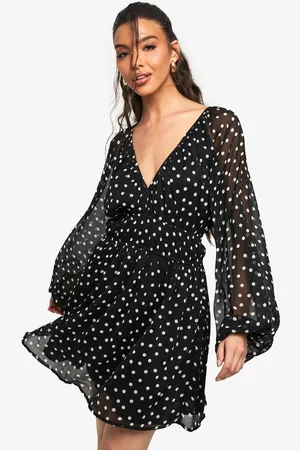 Boohoo Womens Paisley Polka Dot Chiffon Volume Sleeve Ruched Waist Mini Dress - - 16