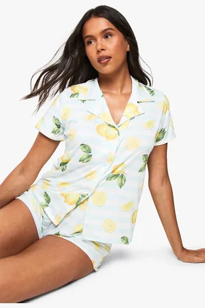 Boohoo Womens Lemon Print Stripe Short Sleeve Shirt & Shorts Pyjama Set - - 14