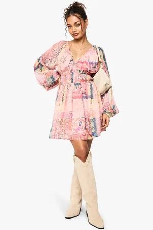 Boohoo Womens Paisley Chiffon Volume Sleeve Ruched Waist Mini Dress - - 14