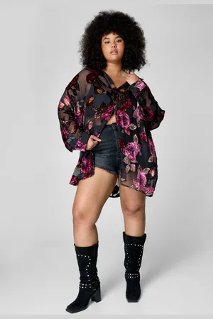 NASTY GAL Womens Plus Floral Devore Oversized Sheer Shirt - - 20
