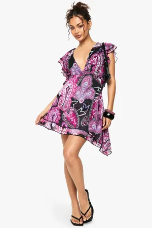 Boohoo Womens Paisley Ruffle Detail Lace Trim Mini Dress - - 8