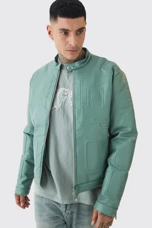 Boohoo Tall Boxy BHM PU Collarless Moto Biker Jacket In Sage - - XL