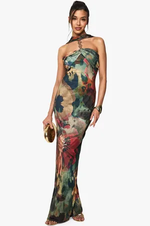 Boohoo Womens Floral Halterneck Chain Detail Maxi Dress - - 16