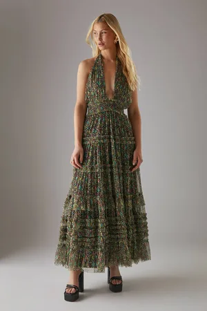 warehouse Womens Tulle Halter Shirred Waist Tier Maxi Dress - - 12