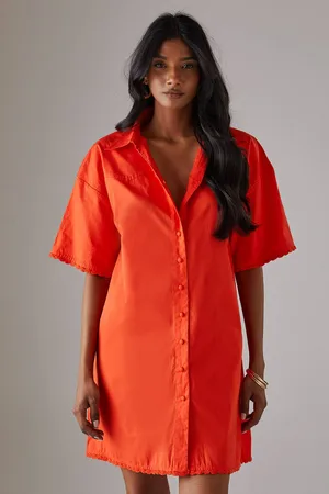warehouse Womens Poplin Crochet Trim Western Mini Shirt Dress - - 10