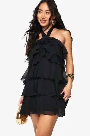 Boohoo Womens Halterneck Tie Ruffled Tiered Mini Dress - - 18