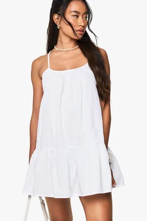 Boohoo Womens Cotton Poplin Strappy Tiered Swing Mini Dress - - 18