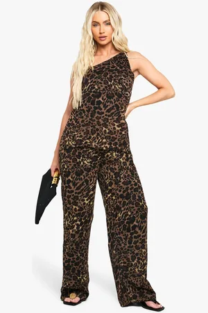 Boohoo Womens Leopard Print Chiffon Wide Leg Jumpsuit - - 12