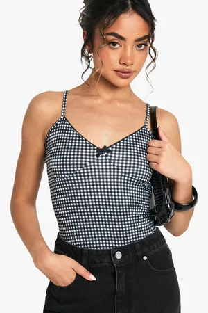 Boohoo Womens Gingham Picot Trim Bodysuit - - 14