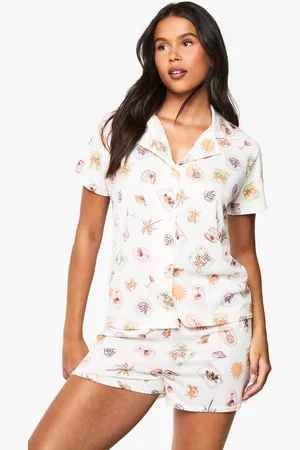 Boohoo Womens Postcard Print Short Sleeve Shirt & Shorts Pyjama Set - - 16