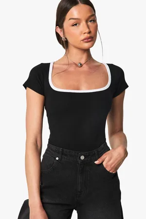 Boohoo Womens Rib Contrast Binding Square Neck Short Sleeve Bodysuit - - 12