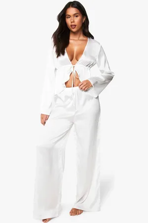 Boohoo Womens Bridal Long Sleeve Tie Front Top and Trouser Pyjama Set - - 10
