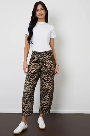 Threadbare Womens Leopard Print Barrel Leg Denim Jeans With Raw Hem - - 14