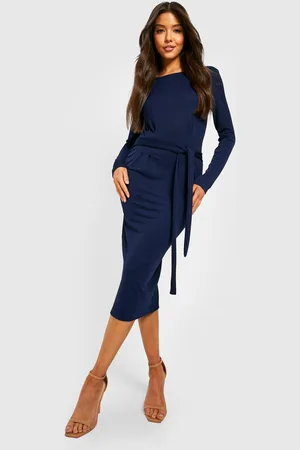 Boohoo Womens Basic Long Sleeve Tie Waist Crepe Midi Dress - - 10