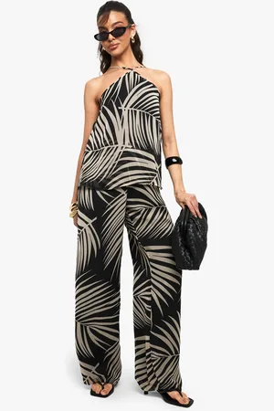 Boohoo Womens Palm Print Chiffon Wide Leg Jumpsuit - - 14