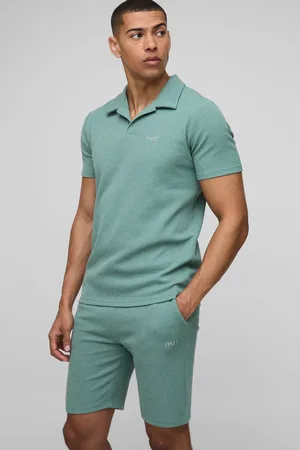 Boohoo Slim Fit Man Waffle Revere Polo & Short Set - - M
