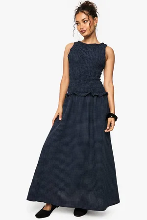 Boohoo Womens Gingham Shirred Detail Drop Waist Midaxi Dress - - 18